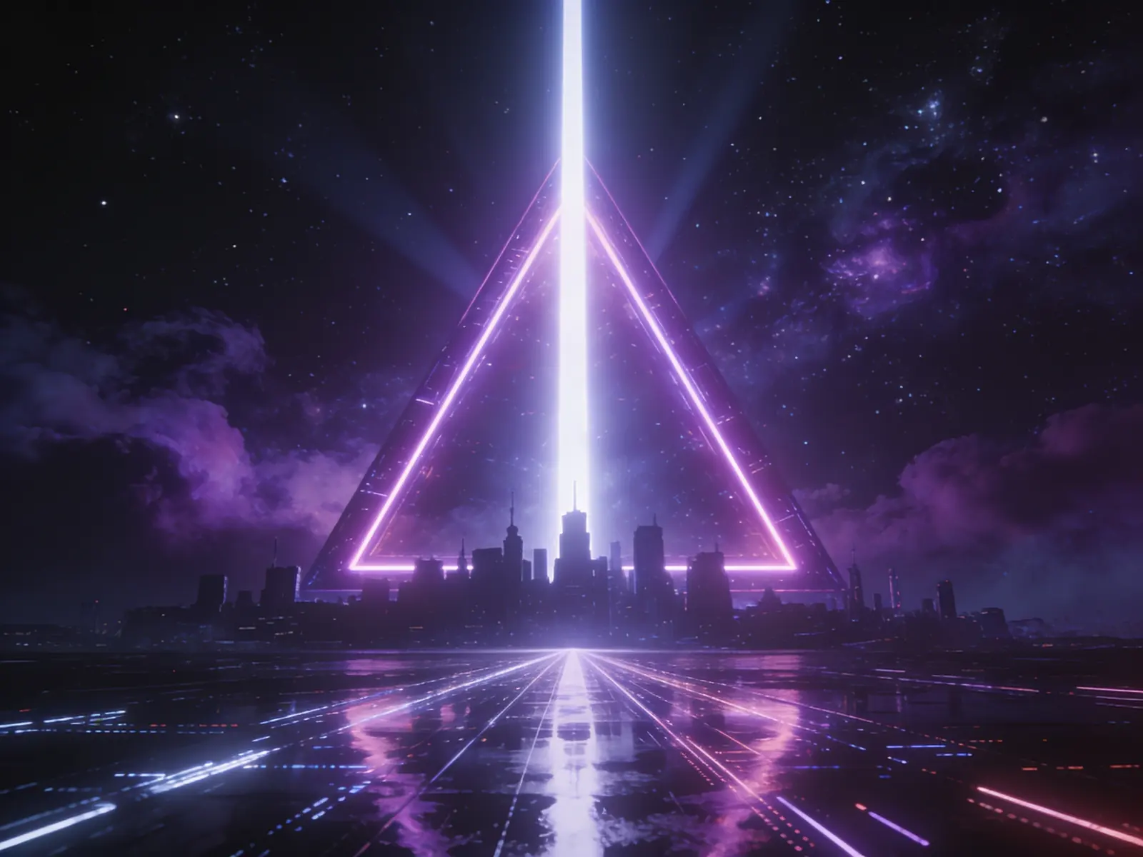 Neon violet gateway over a futuristic city, symbolizing the leap into AI